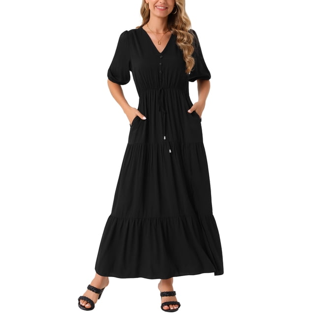 Vestido Casual de Mujer INSPIRE CHIC con Escote en V, Manga Corta, Cintura con Cordón, Diseño en Capas, Abertura, Corte A, Maxi Vestido con Bolsillos, Talla S, Negro