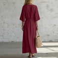 thumbnail image 4 of Uscallm Women Plus Size V Neck 3/4 Sleeve Tie Flowy Boho Maxi Dresses for Women Solid A-Line Long Casual Travel Dresses, Wine 3XL, 4 of 6