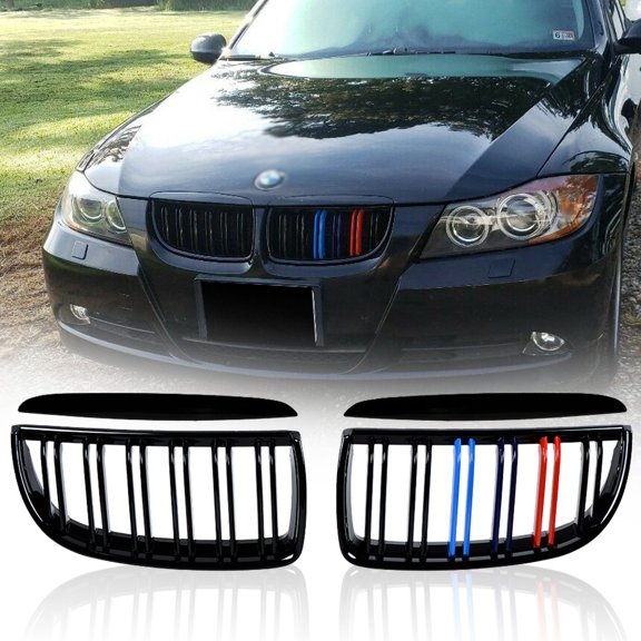 Astra Depot Gloss Black M-Color Front Kidney Grill Grille Dual Slats for BMW E90 E91 Sedan 4DR 323i 325i 328i Pre-LCI 2005-2008