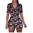 thumbnail image 2 of One opening 2020 Sexy Women Deep V-neck Bodycon Sleepwear Jumpsuit Button Bodysuit Shorts Romper Floral Leotard Long Sleeve Print Tracksuit, 2 of 5