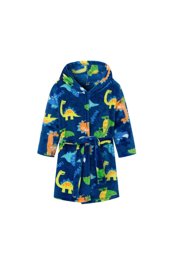 Toddler Baby Kids Boys Robe Dinosaur Print Polyester Fiber Lace-Up Bathrobe Loungewear Pajamas for 3-8Y Blue
