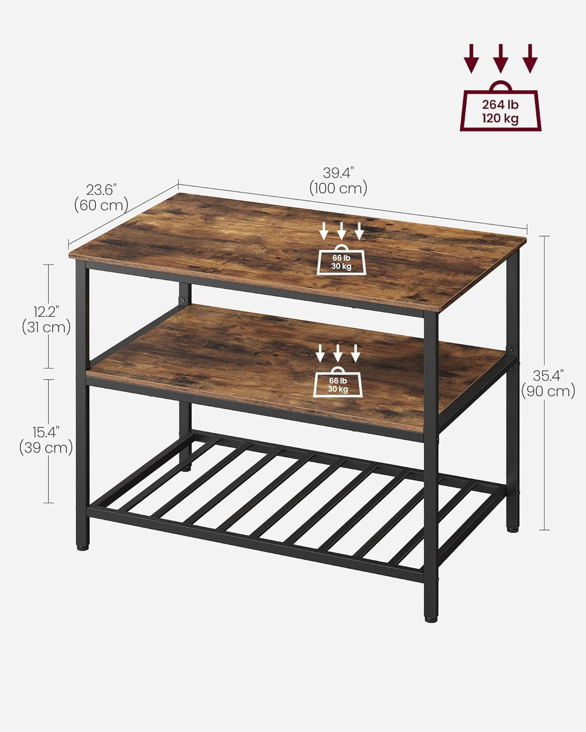 Kitchen Island with 3 Shelves, 39.4 Inches Kitchen Shelf with Large Worktop, Stable Steel Structure, Industrial, Easy to Assemble, Rustic Brown and Black