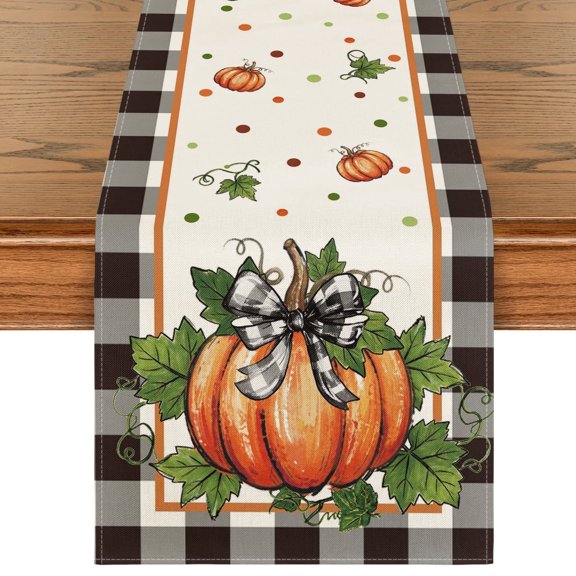 Smile Pumpkin Bow Buffalo Plaid Fall Table Runner,Seasonal Autumn Kitchen Dining Table Decoration for Home Party Decor 13x72 Inch