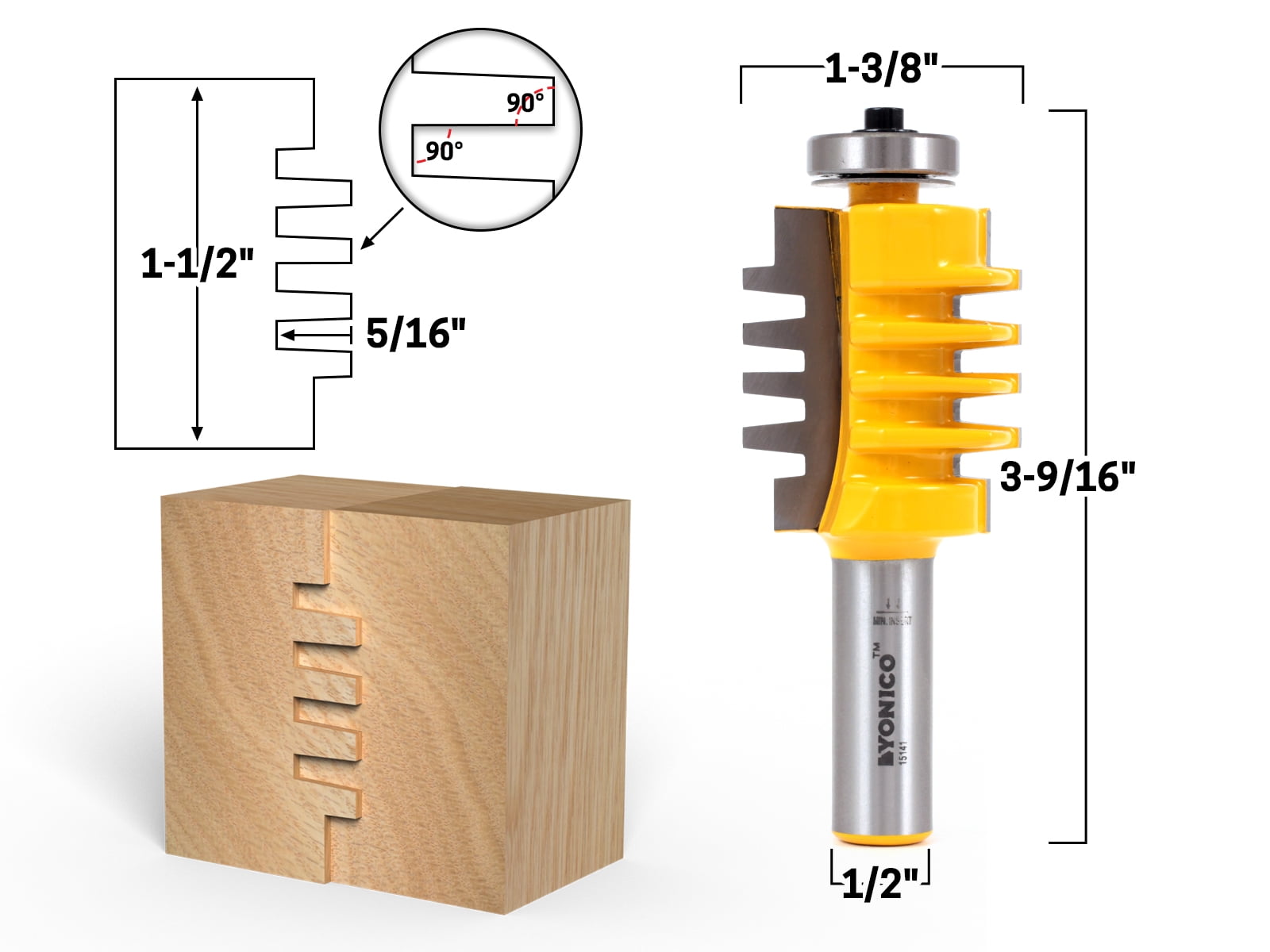 Yonico 11/2" Easy Setup Finger Joint Router Bit 1/2" Shank 15141