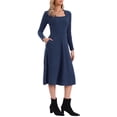 thumbnail image 4 of INSPIRE CHIC Women's Knit Sweater Dress Square Neck Button Decor Flared Midi Dresses with Pockets L Deep Blue, 4 of 5