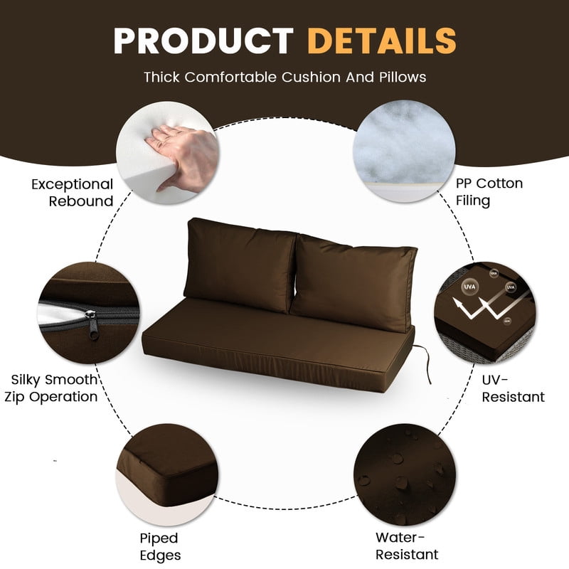 Outdoor Loveseat Cushions Set 48" x 24" Water Repellent & Fadeness Patio Furniture Cushions with Removable Cover and Ties, Patio Love Seat Sofa Cushions for Porch Garden Chair （Coffee）