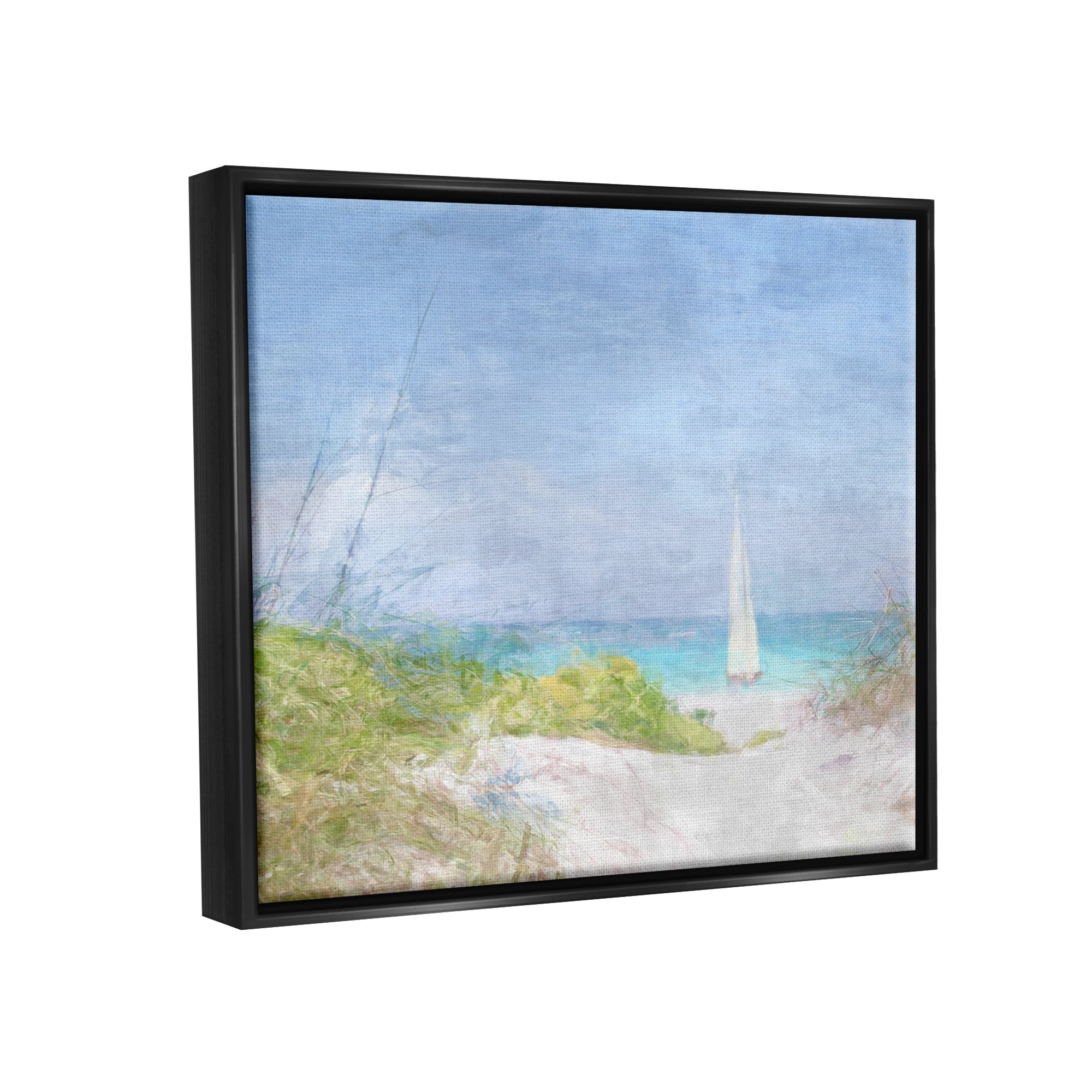 Stupell Industries Sailboat & Beach Path Transportation Painting Black Floater Framed Canvas Art Print Wall Art, 31 x 25