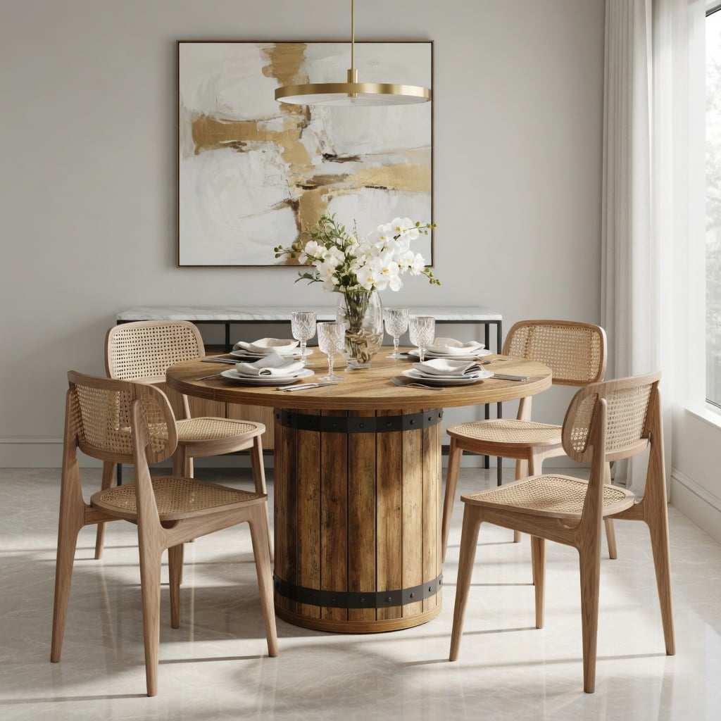 Hommoo 39.37 in Round Dining Table for 4, Farmhouse Kitchen Table with Fence Pedestal Base, MDF Construction, Easy Assembly, Rustic Brown