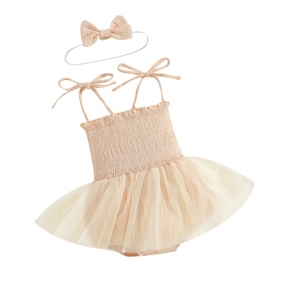 Newborn Baby Girl Sleeveless Bubble Romper Dress Cotton Tutu Tulle Skirt Hem Bodysuit with Headband Set Summer Clothes