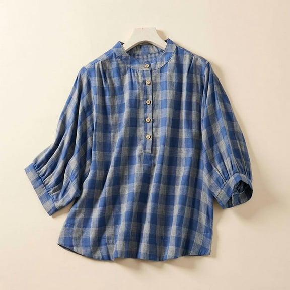 Aueoeo Women's Plaid Shirt V-Neck Half Button Up Loose Fitted Long-Sleeved V-Neck Top Lightweight Thin Shirt