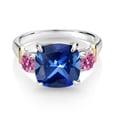 thumbnail image 2 of Gem Stone King 925 Silver and 10K Yellow Gold Blue Created Sapphire and Pink Moissanite 3 Stone Ring for Women (5.78 Cttw, Gemstone September Birthstone, Cushion 10MM, Round 4MM, Size 5), 2 of 3