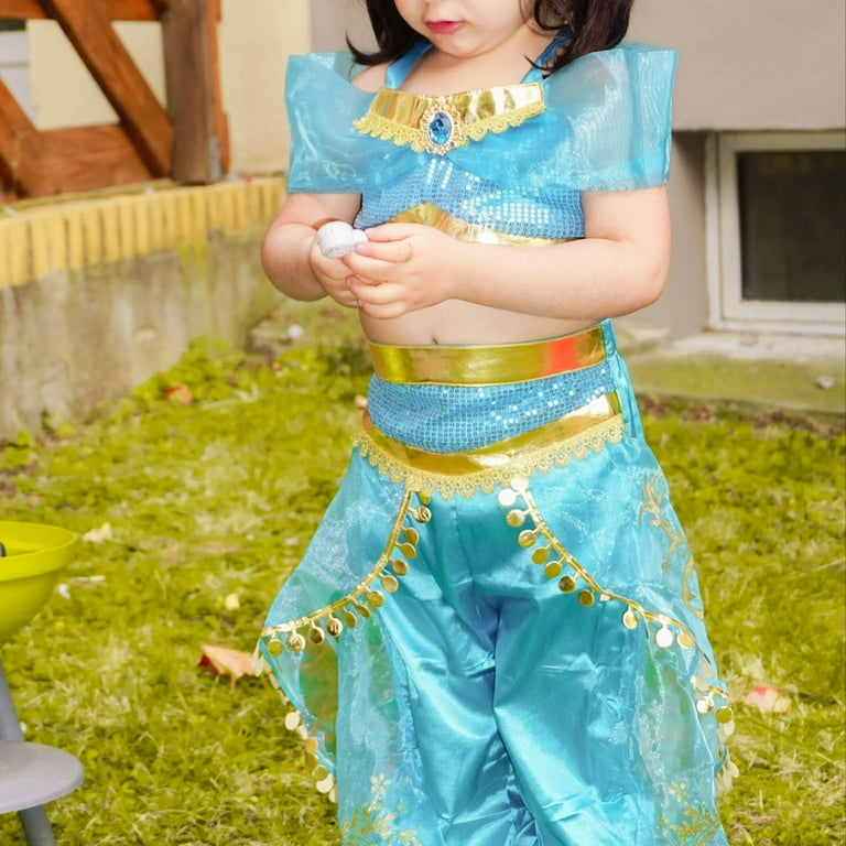 Jurebecia Jasmine Costume for Girls Sequined Princess Jasmine Dress Kids Birthday Party Dresses up Blue with Accessories 110 CM 3 4 Years