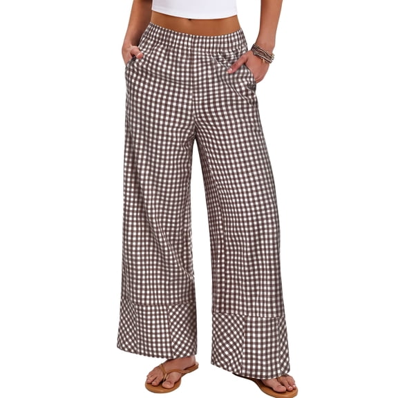 ANRABESS Womens Gingham Pants Wide Leg Elastic Waist Summer Casual Loose Palazzo Lounge Beach Vacation Trousers with Pockets