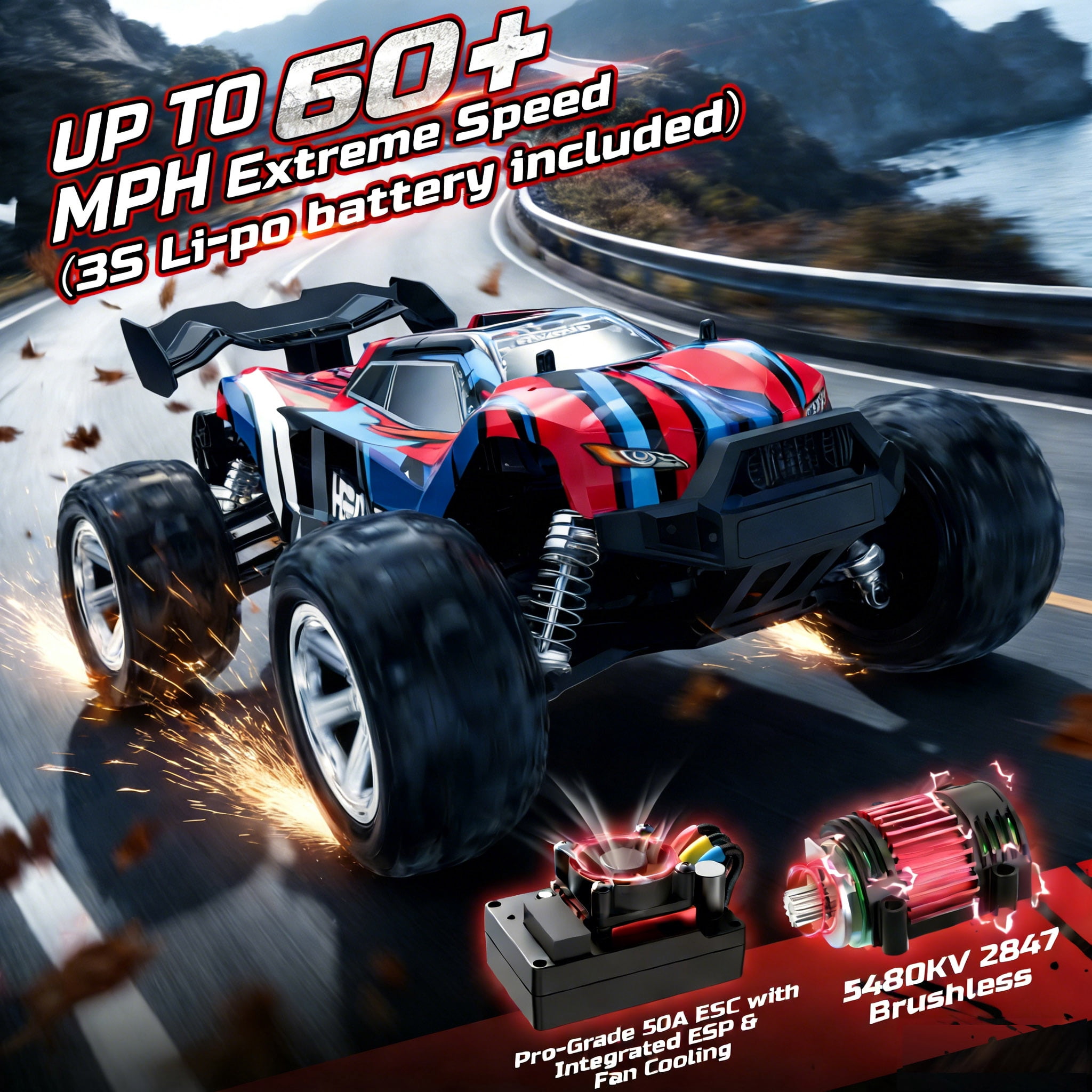 JoyStone 1:16 Brushless Fast RC Cars for Adults, Max 60+mph Hobby Electric RC Truck with 3S Lipo Battery, Waterproof High-Speed Remote Control Monster Truck with 2 Shells