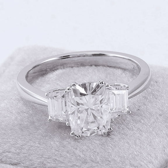 Bow Jewelry 2.06 Ct Moissanite Cushion Cut Moissanite Ring - 14K White Gold Plated - Elegant Anniversary Jewelry for Her - Mid Century Engagement Baguette Ring - Timeless Promise Wedding Gift