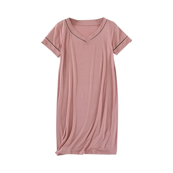 Oksale Nightgown for Women 2025 Casual V Neck Night Gown Soft Mid Length Sleep Shirt Short Sleeve Pajama Dress Lightweight Comfortable Loungewear Pink L