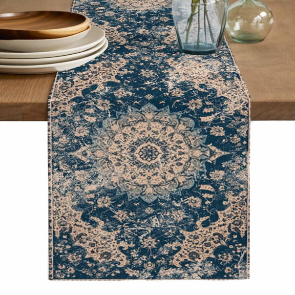 Navy Blue Boho Table Runner, Modern Geometric Abstract Ehtnic Washable Cotton Linen Table Runners 72 Inches Long, Dresser Scarf Runner for Dining/Coffee/Kitchen/TV Stands/Cabinets 13''x72''