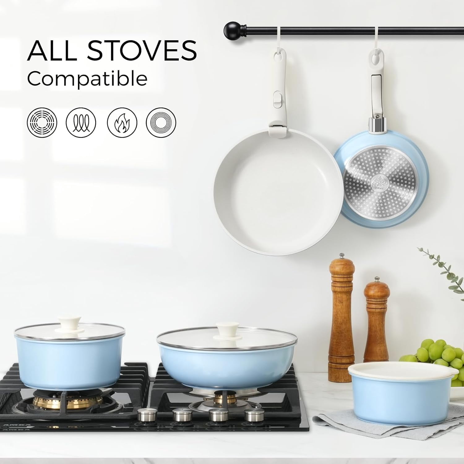 15-Piece Non-Stick Cookware Set with Detachable Handles, Blue Pots and Pans for RV Kitchen