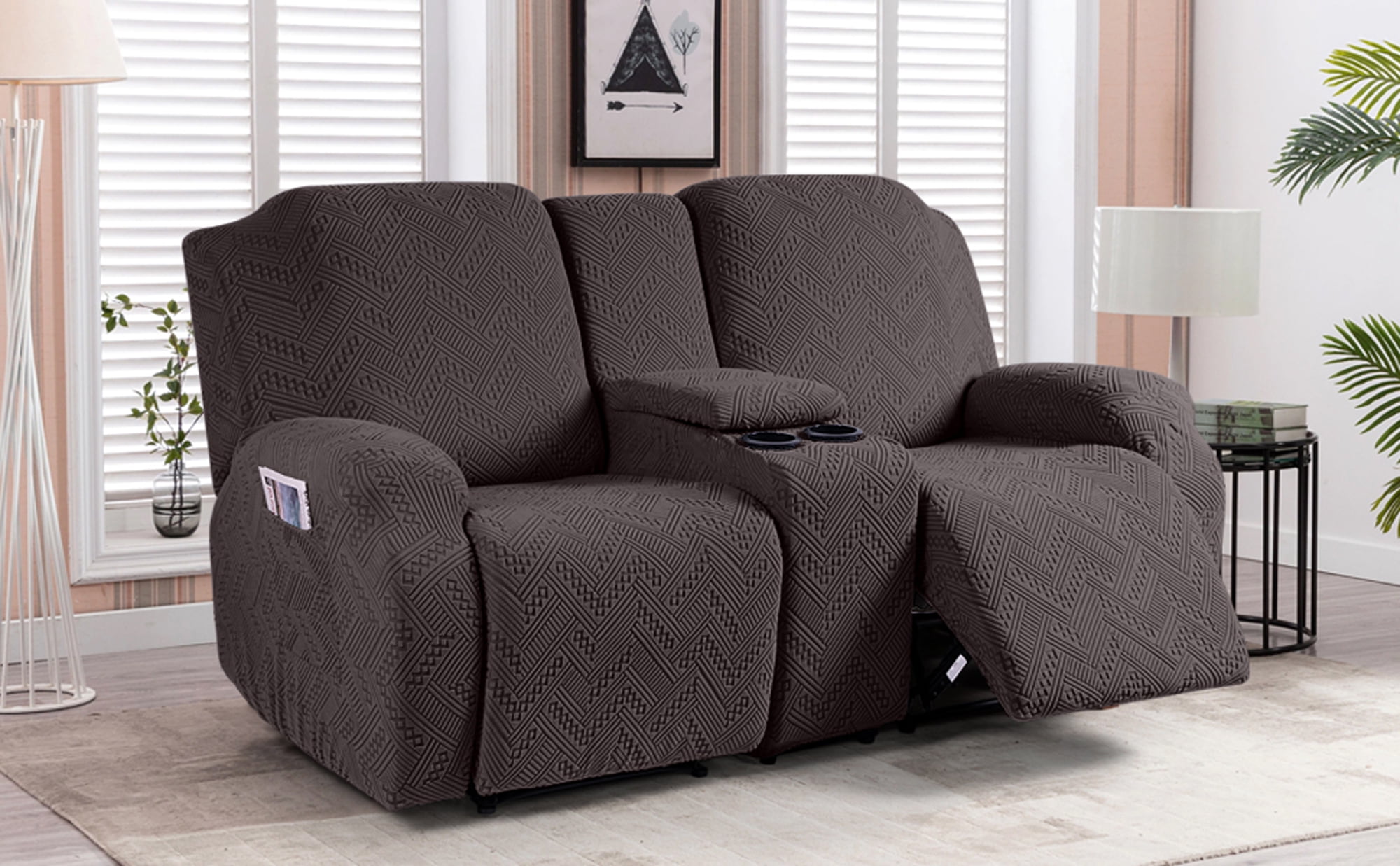 TAOCOCO 4 Pieces Recliner Loveseat Sofa Slipcovers, Stretch Jacquard Reclining Couch Covers with Pockets for 2 Seater Sofa Protector, Chocolate