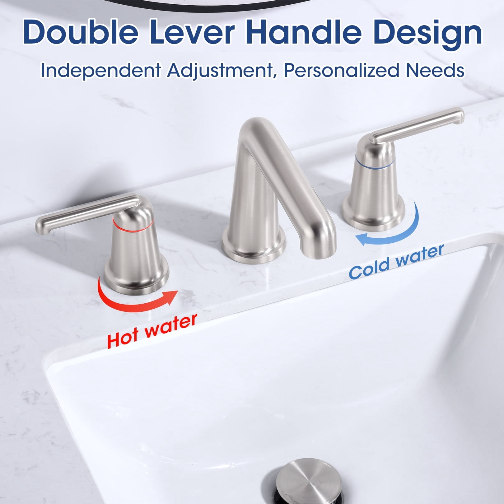 Wowkk 3 Hole Bathroom Faucet 2 Handle Widespread Bathroom Sink Faucet with Pop up Drain and Supply Lines, Brass Vanity Faucet for Rv Farmhouse Lavatory Restroom Sink, Brushed Nickel