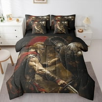 Manfei Ancient Soldier 7-Piece Twin Bedding Sets,Oil Painting Art Bedding Comforter Set,Vrown Black Sheet Sets For Kids Boys,Breathable Home Decor Reversible