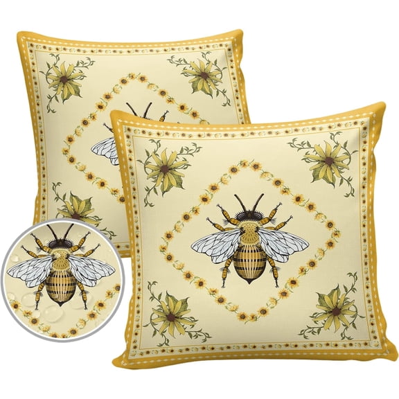 Sunflowers and Bee Outdoor Pillow Covers Set of 2, Farmhouse Retro Floral Decorative Waterproof Throw Pillow Case, Animal Honeybee Cushion Pillowcases for Couch Garden Patio 16x16In