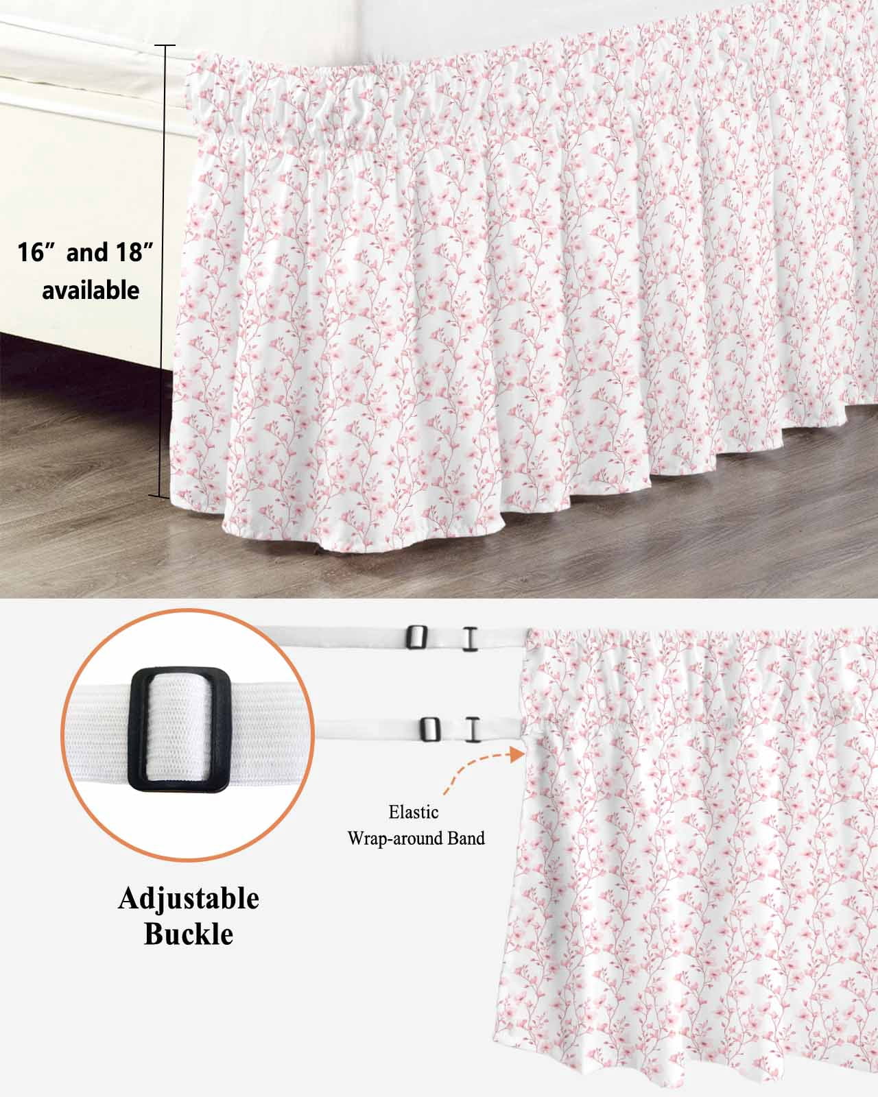 Pink Spring Floral Wrap Around Bed Skirts for King Bed 18" Drop,Bed Skirt with Adjustable Elastic Belt Dust Ruffle Bed Valance for Bedroom Hotel Elegant Watercolor Summer Botanical Bed Frame Cover