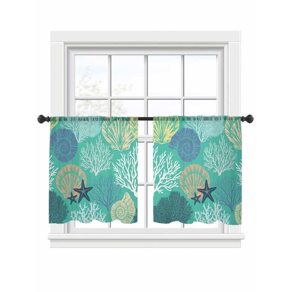 Aqua Gray Shell Coral Sheer Curtains 45 Inch Length 2 Panels Set, Semi Transparent Voile Rod Pocket Curtains for Living Dining Room Bedroom Drapes Coastal Summer Beach Nautical Ocean