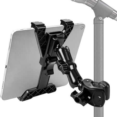 Tablet Holder for Microphone Stand, 360° Adjustable Clip-on Tablet Mount for Mic Stand, Treadmill Handlebar Clamp Compatible with iPad, 7"-11.5" Tablets