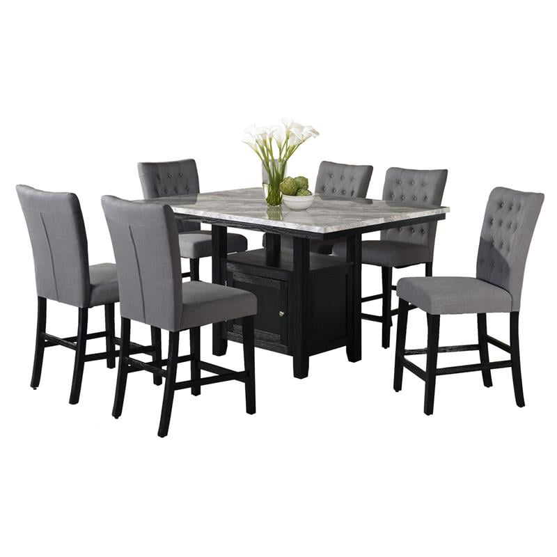 Faux White Marble Counter Height Dining Set With Wood Storage And Gray Chairs Com Faux White Marble Counter Height Dining, Marble Counter Height Dining Table With Storage