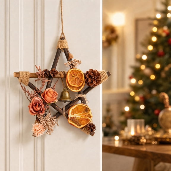 MMJ Christmas Decor Rattan Wreath with Dried Orange Pinecones Berries, Five-Pointed Star Hanging for Door Wall Christmas Decor 9.84x9.84in