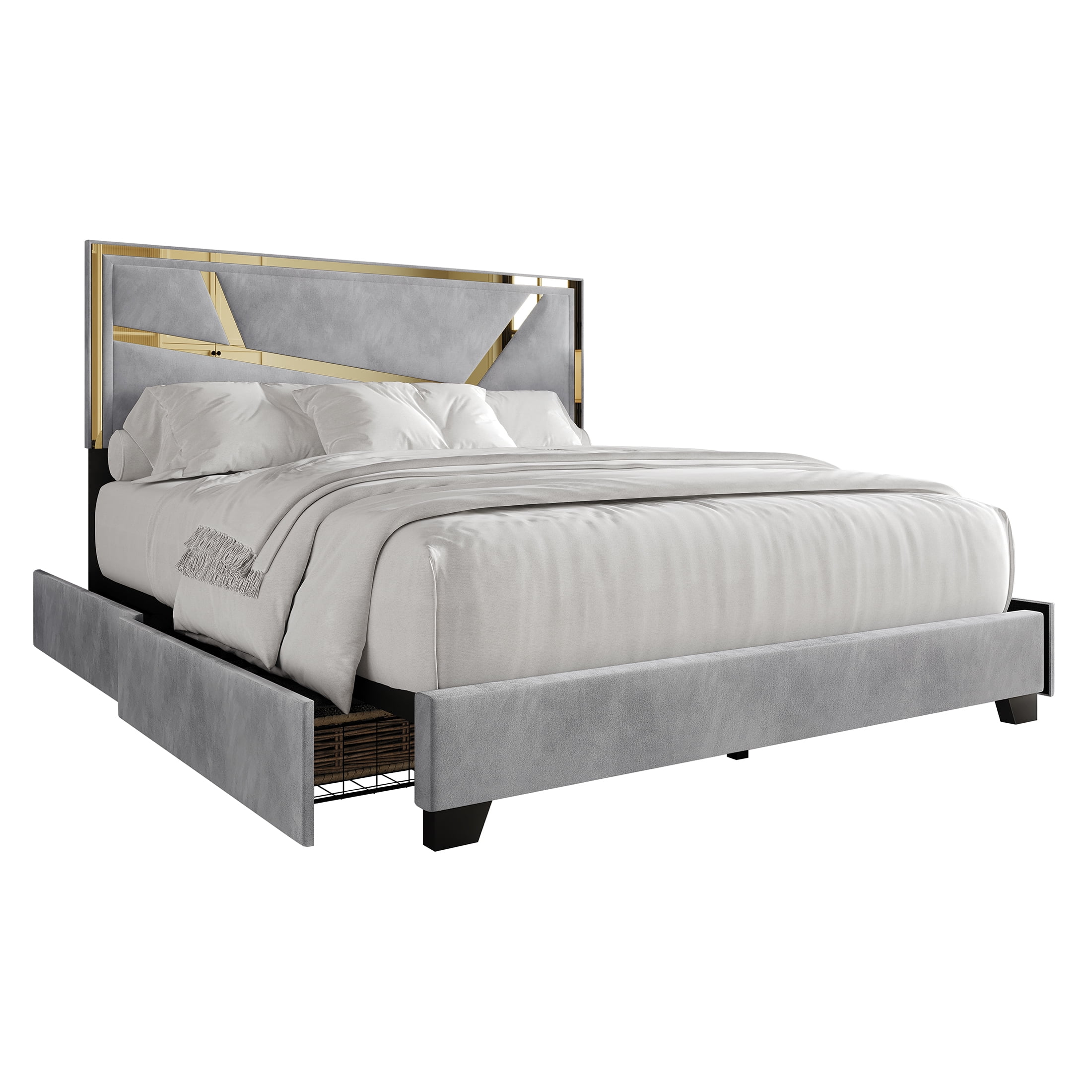 Castle Place Luxe Haven Velvet King Platform Bed with 4 Storage Drawers, Silver Grey