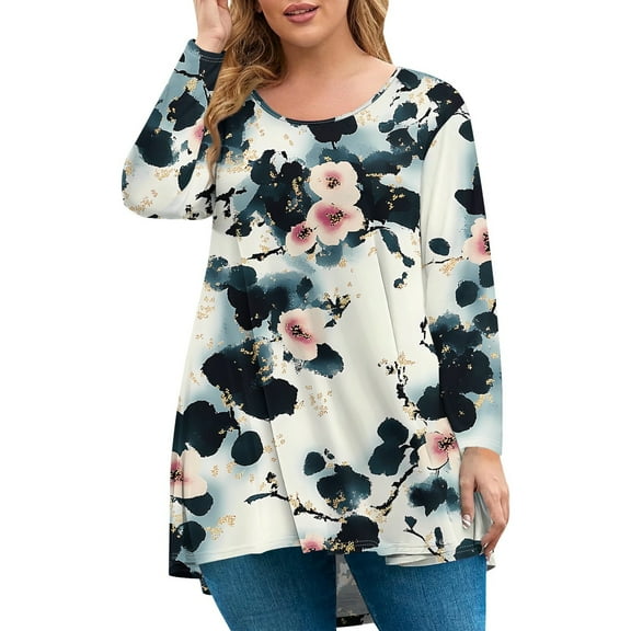 Xyxonk Womens Plus Size Tops Long Sleeve Fall Shirts Floral Print Blouses Crew Neck T Shirts Loose Casual Tunic Tops Black L