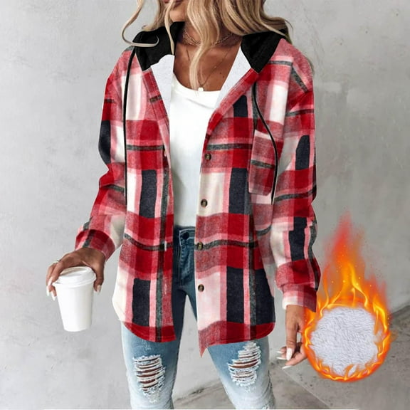 UQJfacai Jackets for Women with Hood Casual Button Down Buffalo Plaid Flannel Shirts Fleece Lined Fashion Fall Winter Shacket Coats
