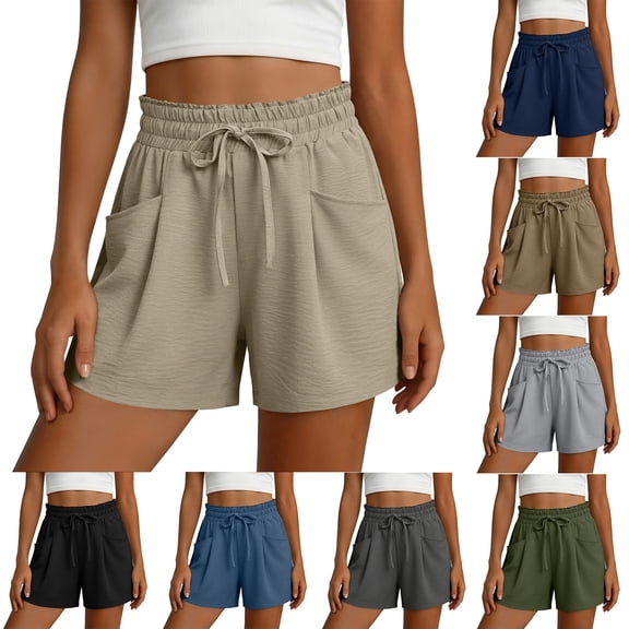 Women's Solid Color Bermuda Shorts Summer High Waisted Casual Short Elastic Drawstring Pull On Short with Pocket Navy