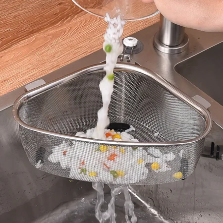 

Stainless Steel Kitchen Sink Drain Basket Triangle Food Vegetable Peel Egg Filter Storage Organizer Kitchen Shelf Rack Drainier real_mgb_artnum with hook