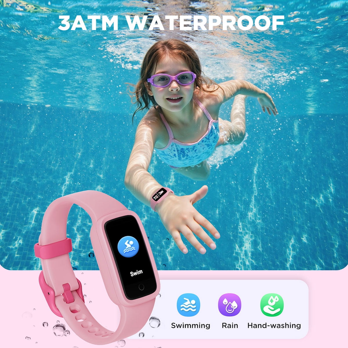 BIGGERFIVE Vigor 3 Kids Fitness Tracker Watch, AMOLED Screen, No App No Phone Needed, 3ATM Waterproof, Heart Rate and Sleep Monitor, Pedometer Watch, Sports Step Counter for Girls Ages 5-15, Pink