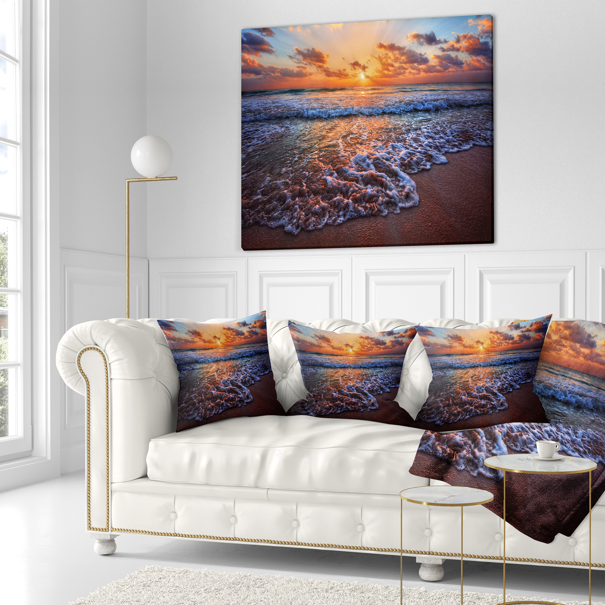 Designart Roaring Sea Wavers during Sunset - Seashore Throw Pillow - 16x16