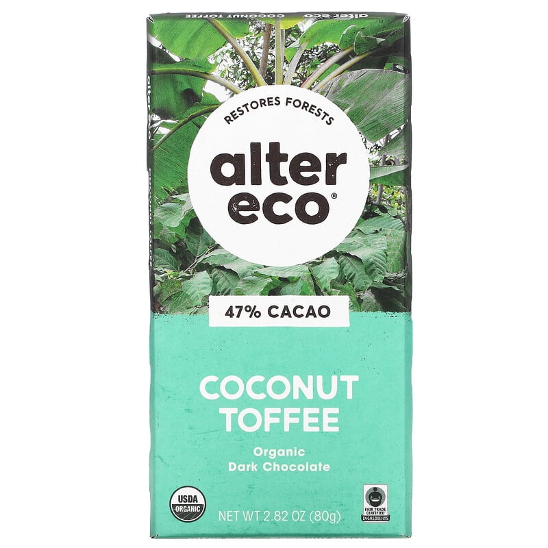 Alter Eco Organic Dark Chocolate Bar Coconut Toffee 47% Cacao 2.82 oz Pack of 2