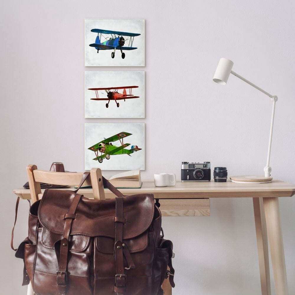 Stupell Industries Retro Planes at Flight Aircraft Pilots Colorful Transportation Framed Wall Art Design by Ashley Calhoun, 3 Piece, 16" x 20", Gray Framed