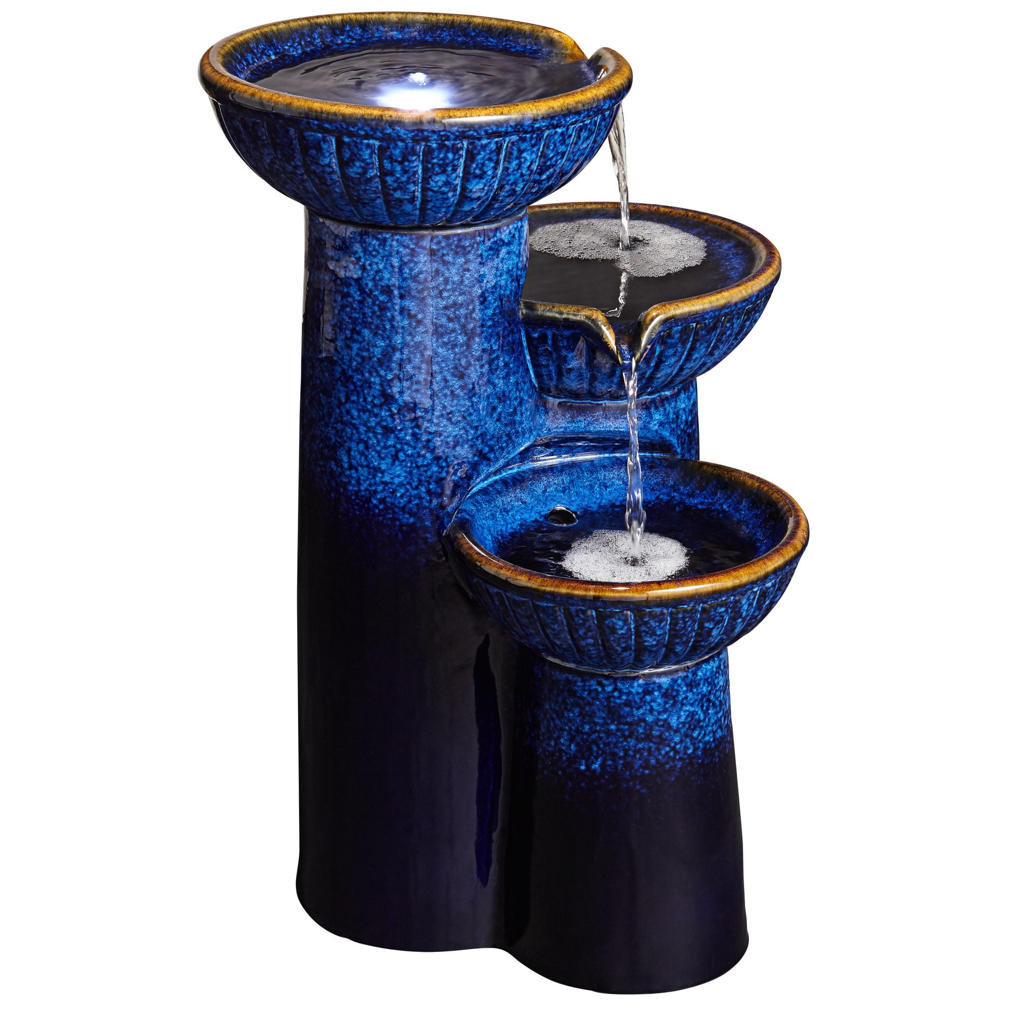 3-Bowl 26 3/4" High Large Modern Outdoor Decor Blue Cobalt Ceramic Floor Fountain with Light LED Garden Patio