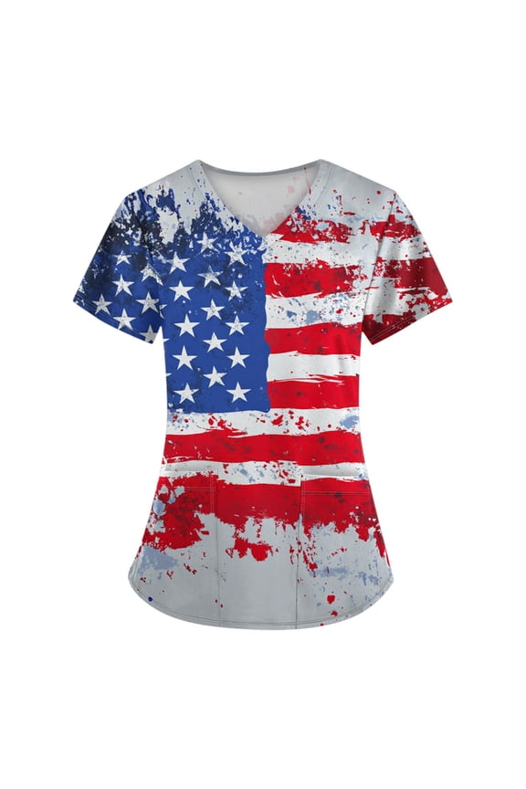 Scrubs For Women, Tops 4Th Of July V Neck Short Sleeve Workwear With Pockets Red White And Royal Blue American Flag Top Purple Scrubs Women Pants Pride Outfits Shirts Tops (M, White) ZMTing