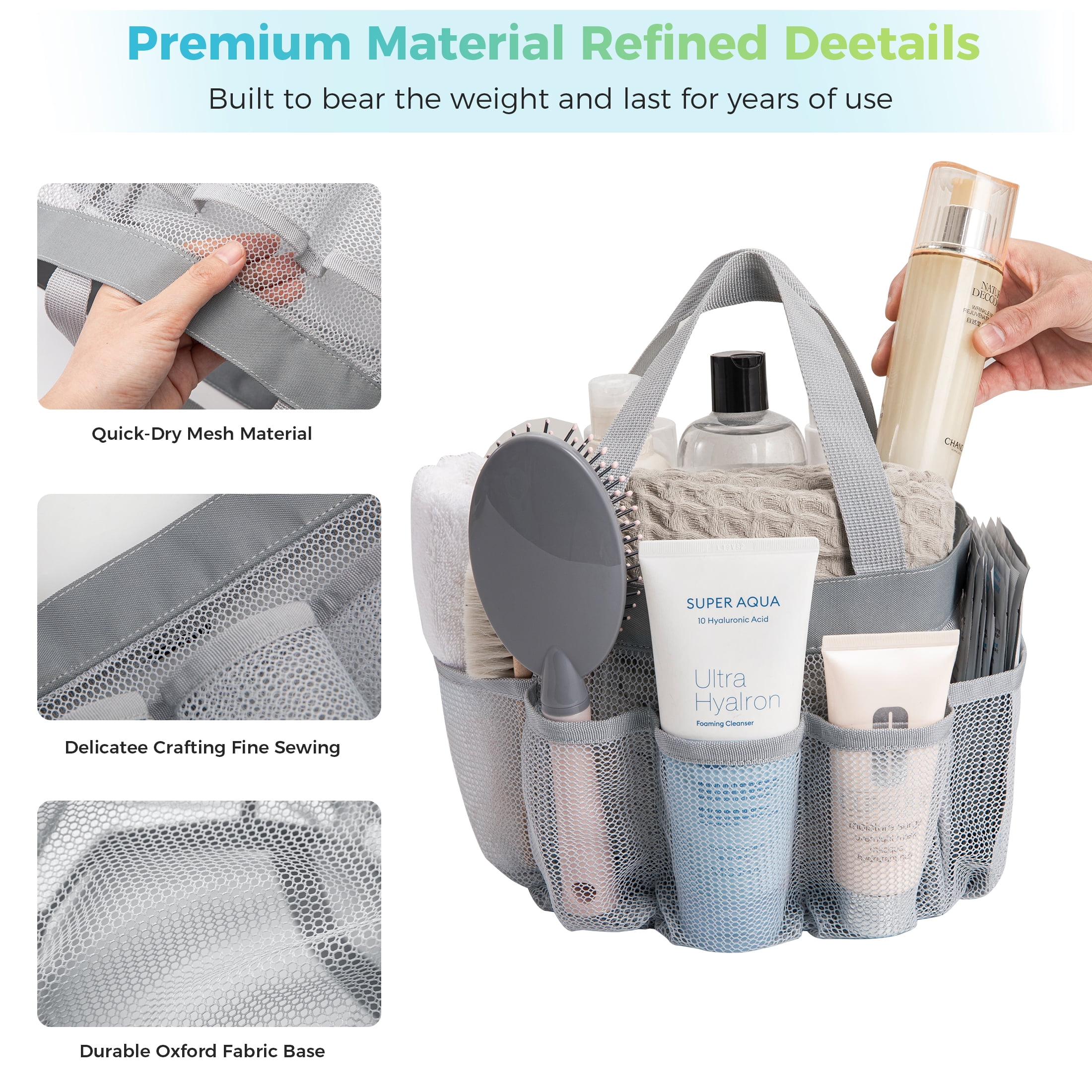 Siaomo Mesh Shower Caddy,Tote Bag for College Dorm,Bathroom,8 Pocket Basket,Quick Dry  Grey  (图3)