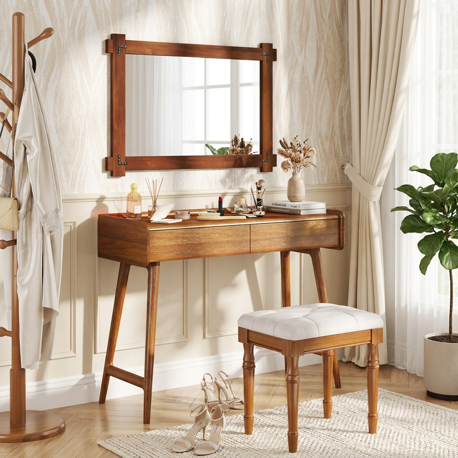 Vebreda Bathroom Wall Mirror, Wood Framed Mirror with Acacia Wood Frame and Vintage Rivet Design Brown, Ample Storage, Zero Clutter