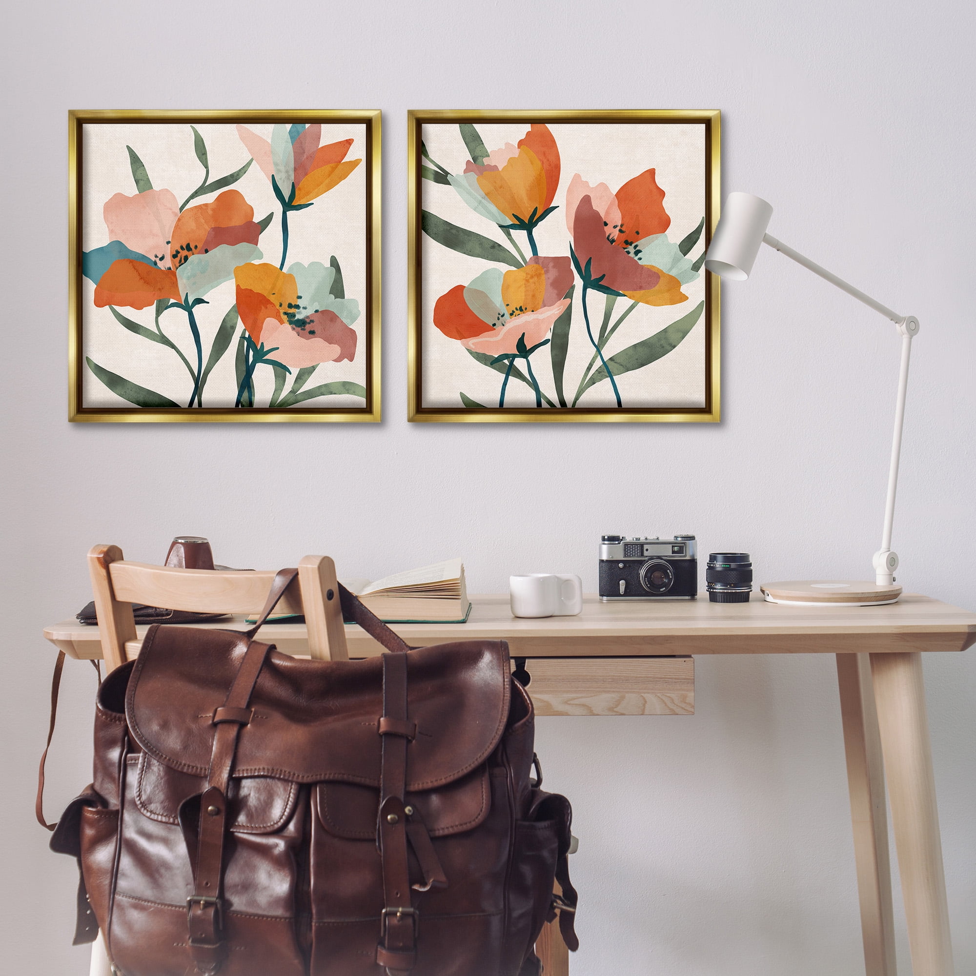 Stupell Industries Summer Bouquet Modern Abstract Botanical & Floral Painting Gold Floater Framed Canvas Art Print Wall Art, 25 x 25, Set of 2