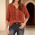 thumbnail image 3 of 3/4 Length Sleeve Womens Tops Spring Summer Casual Cotton Linen Lightweight V Neck Embroidered T Shirts Blouse, 3 of 7