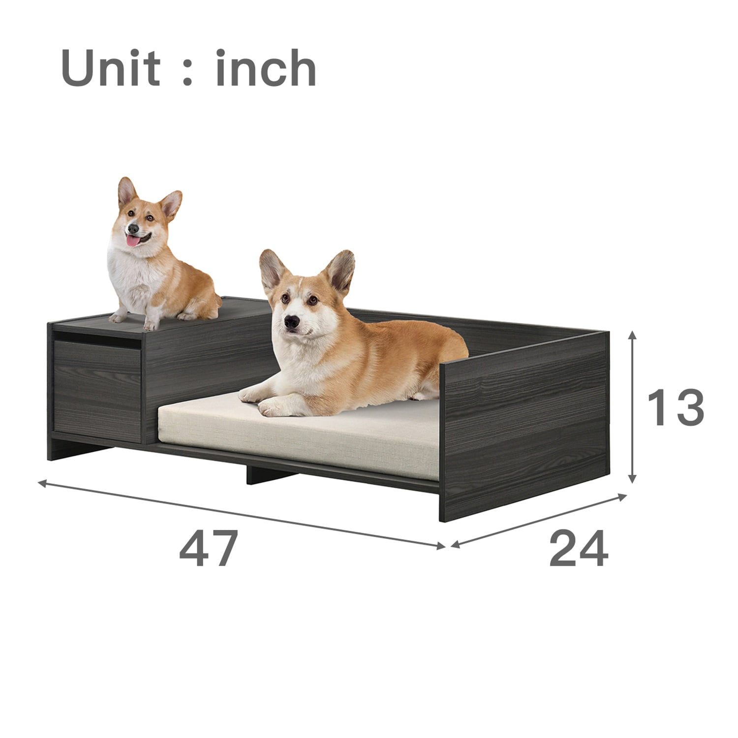 Pefilos 47" Wooden Dog Bed, Small to Medium Elevated Pet Bed with Cushion and Side Storage Compartment, Gray Pefilos 47" Wooden Dog Bed, Small to Medium Elevated Pet Bed with Cushion and Side Storage Compartment, Gray
