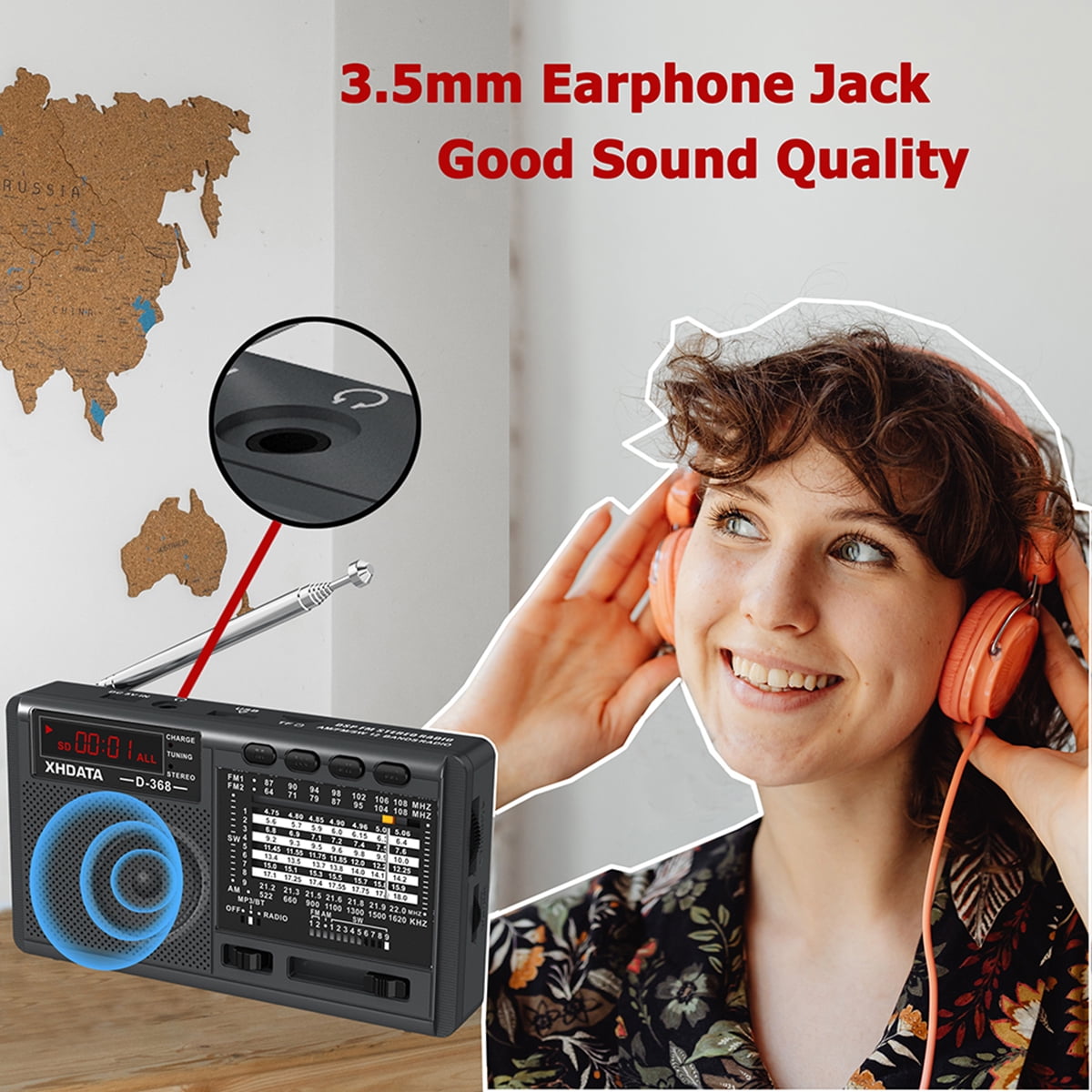 XHDATA D368 Portable Shortwave AM/FM (MW)/SW 12-Band DSP Stereo Radio, MP3 Player, Wireless Bluetooth Speaker with Rechargeable Battery, Multimedia Speaker, Supports Micro SD Card and USB Flash Drive