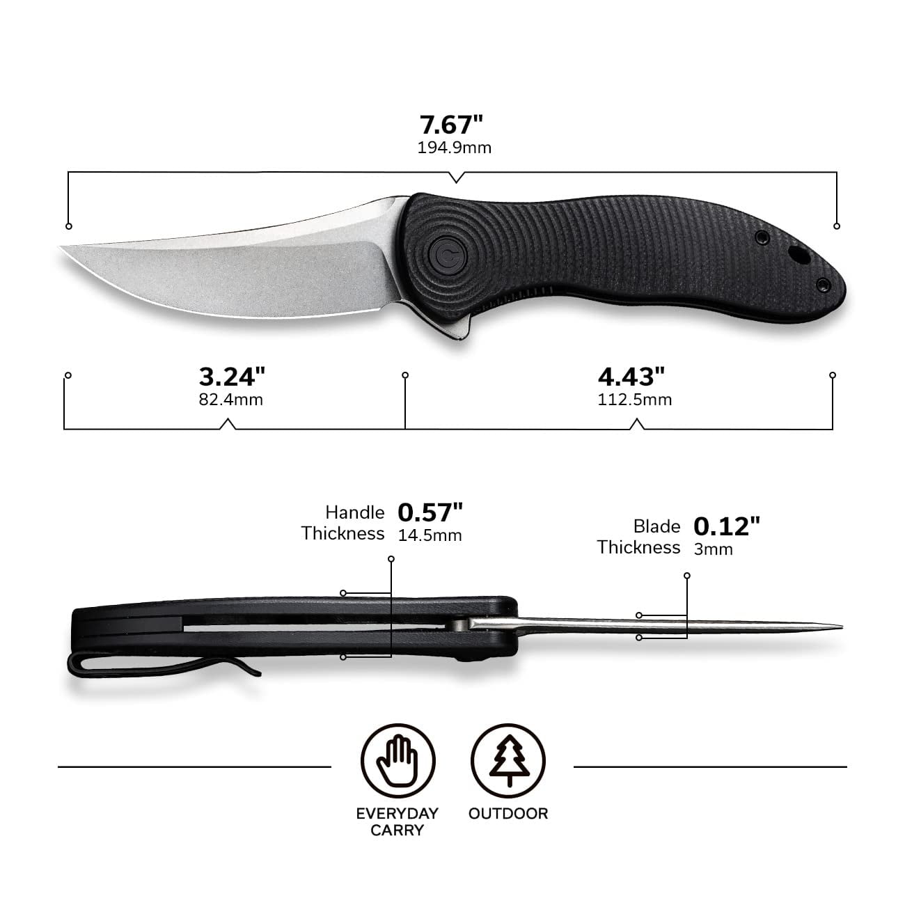 CIVIVI Pocket Folding Knife, 3.24" Nitro-V Stonewashed Trailing Point Blade, Jim O’Young Synergy 3 Liner Lock Knife C20075A-1