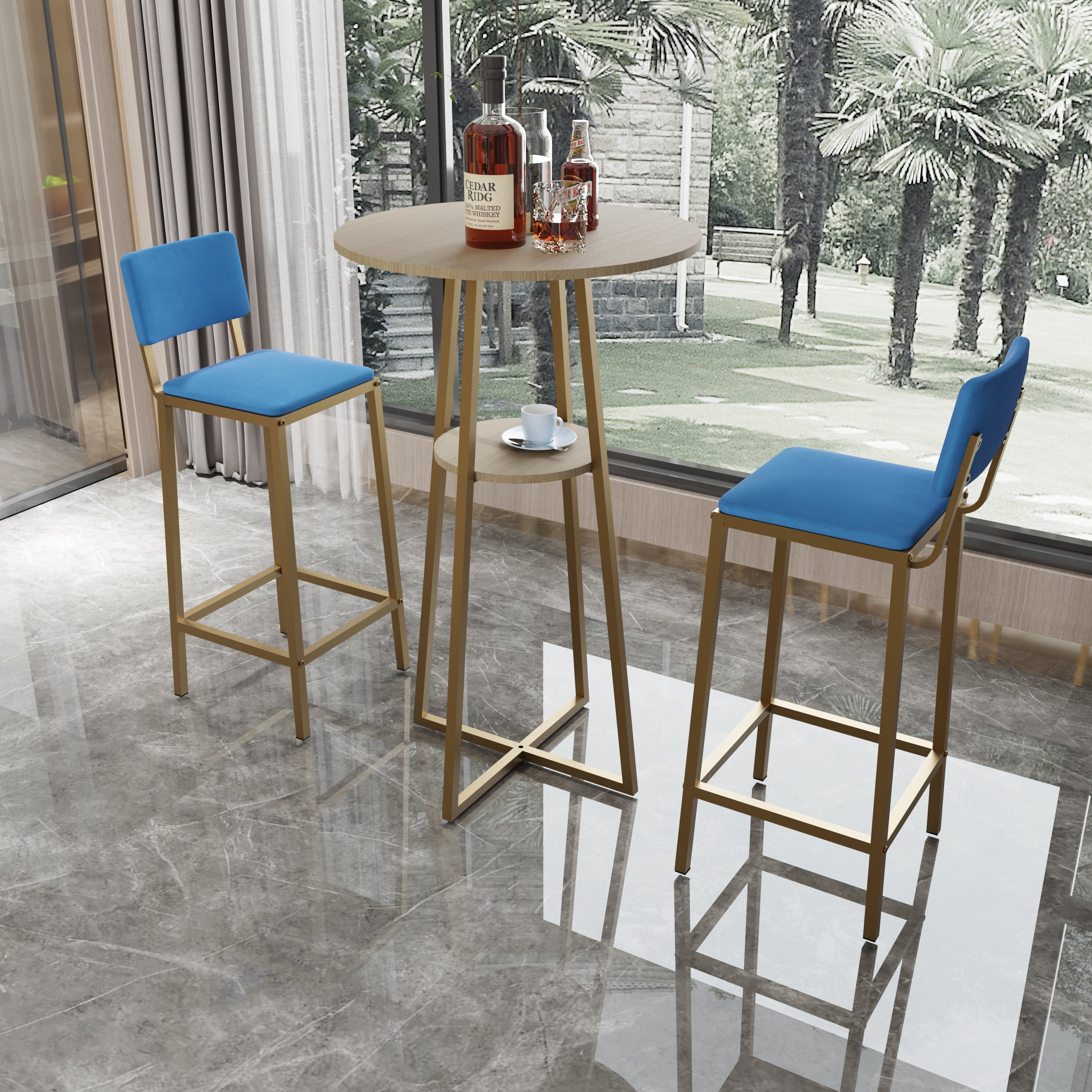 Aukfa 3 Pcs Dining Table Set, Bar Table and Chairs Set with storage cushions for Breakfast Kitchen Dining Room, Blue
